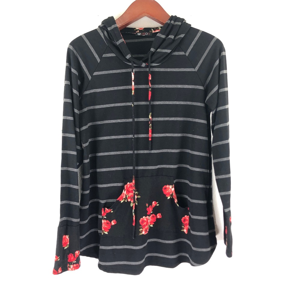 Femme Fatale Grunge Whimsigoth Striped Rose Floral Hoodie Black Grey Red Rose L